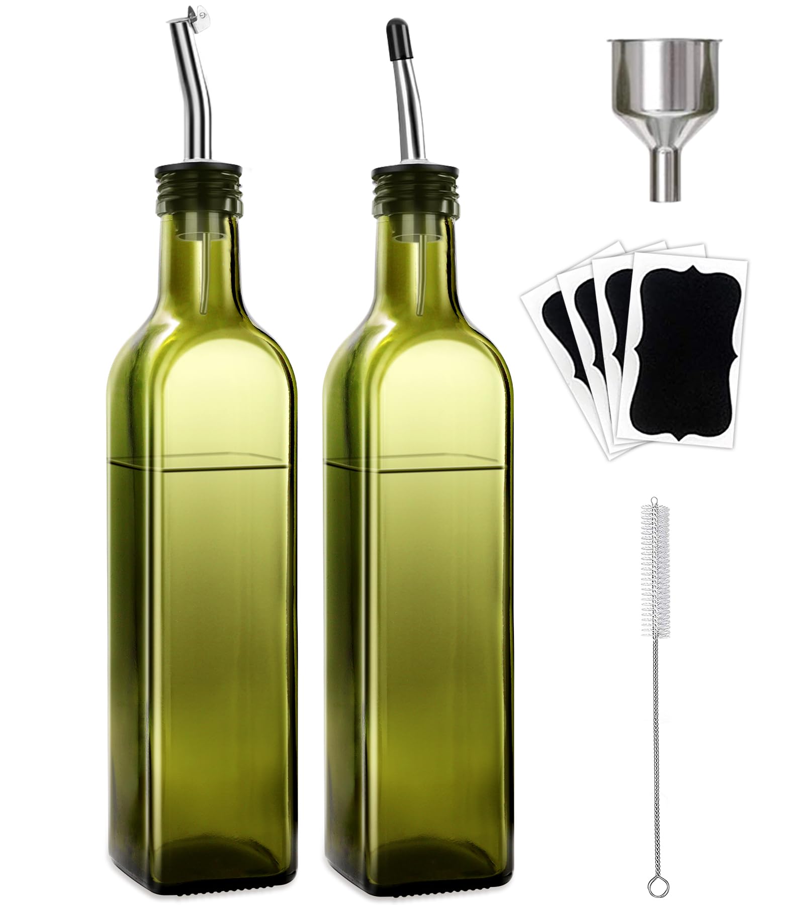 Olive Oil Dispenser Bottle, 2 Pcs Glass Olive Oil Dispenser and Vinegar Dispenser Set with 2 Stainless Steel Pourers, 4 Labels,1 Brush and 1 Funnel Oil Bottles for Kitchen (500ml)
